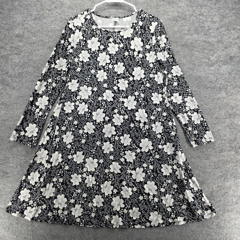 Old Navy Dress Womens Medium Black White Floral Long Sleeve Knit Swing Soft